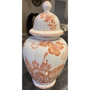 VNTG Ethan Allen Ginger Jar Peach Floral Pattern Urn Vase with Lid 14x8
